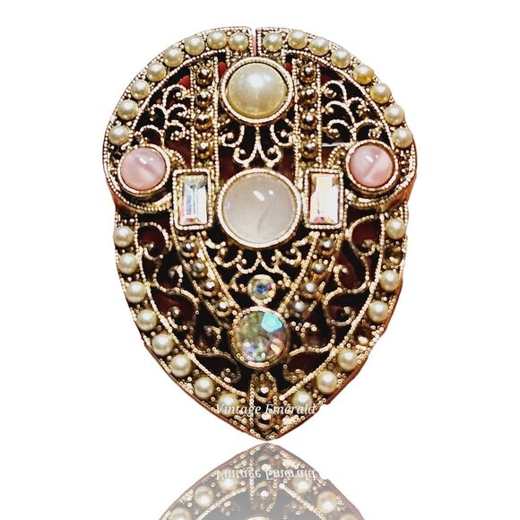 Vtg Intricate Victorian Style Brooch Filigree 3D Pin Goldtone Faux Mixed Stones - Picture 1 of 8